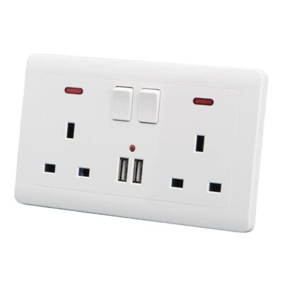 Double Wall British Plug Socket With 2 USB Charger Port