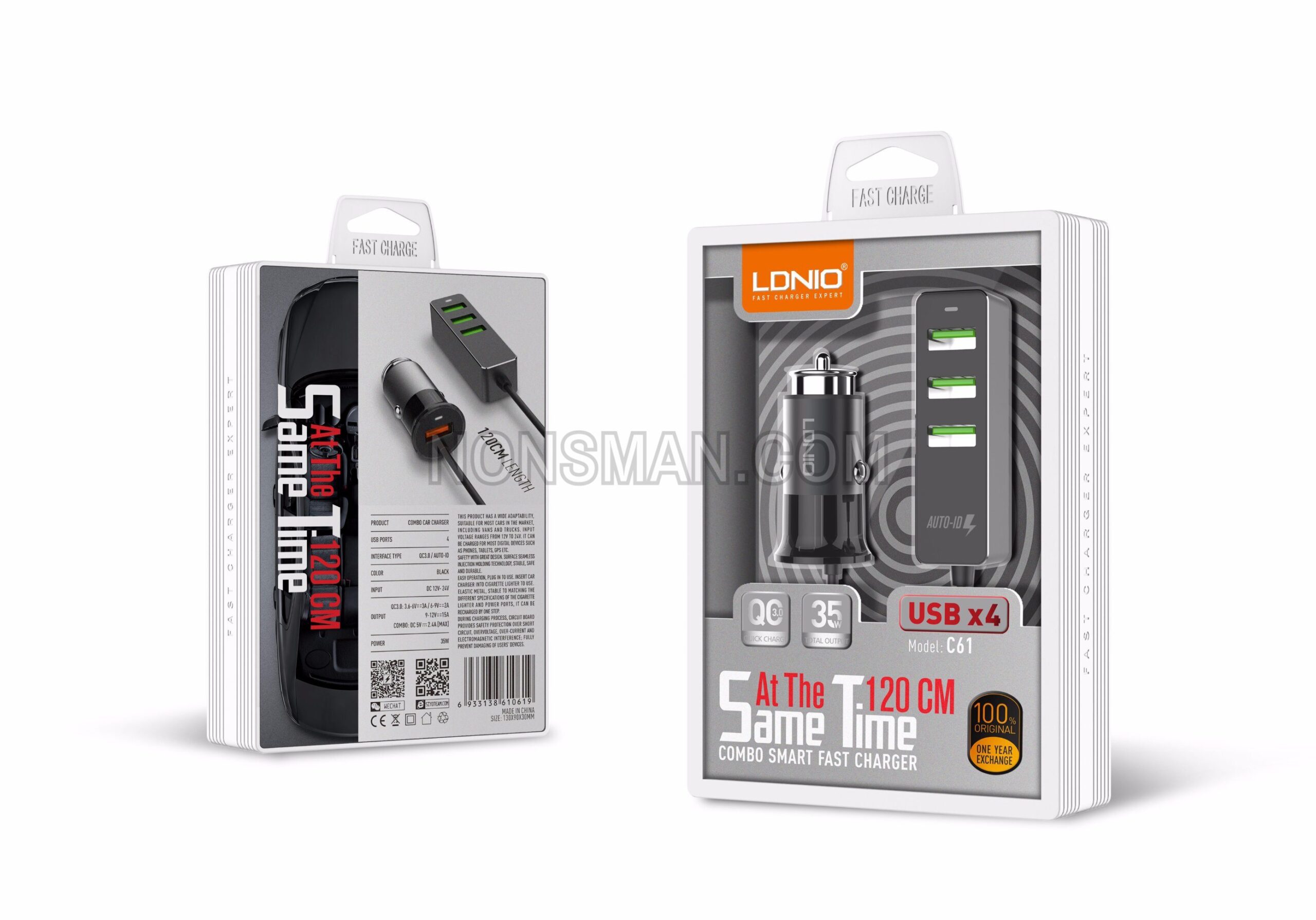 LDNIO C61 Fast Car Charger Auto-ID With 4 USB - Grey