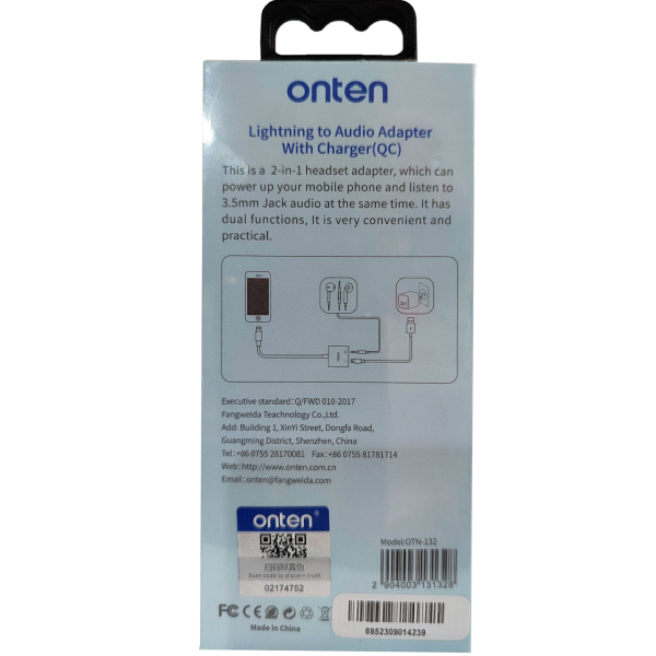 Onten Otn-132 2-in1 Lightning to Audio with Qc Charging Adapter